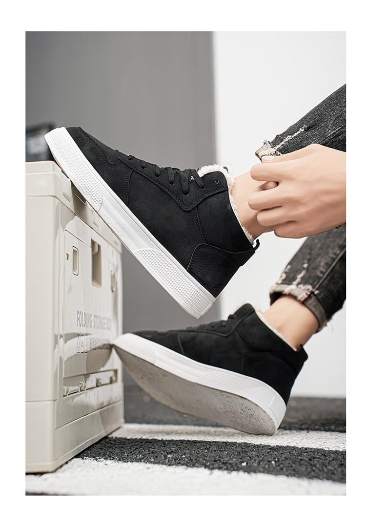 Plus size men’s high-top winter fleece-lined casual sports cotton shoes in neutral tones.

