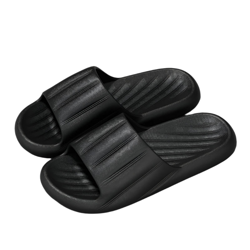 Unisex striped home slippers with thick soles and non-slip bottoms in solid colors.

