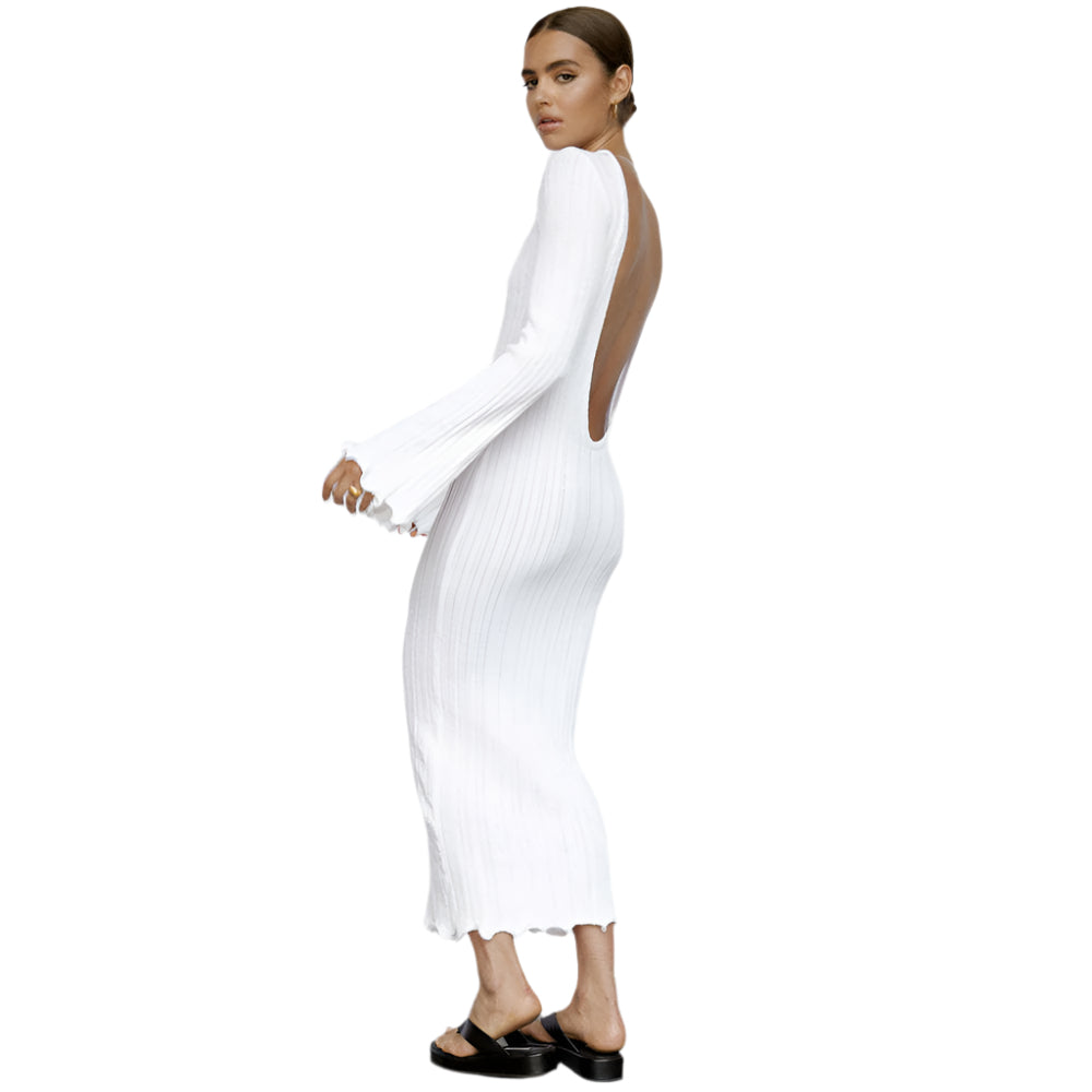 Fashion slim long-sleeved ruffled long dress, backless sexy hip-wrapped knitted maxi dress for women, perfect for parties and beach events.

