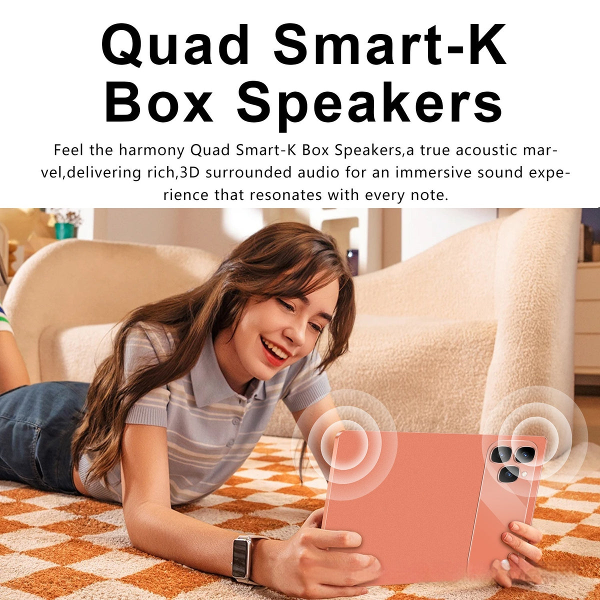 Person lying on the floor using a tablet with Quad Smart-K Box Speakers in the background