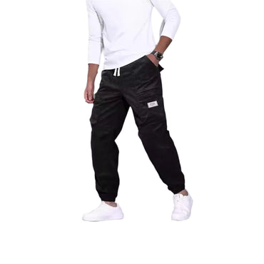Men's corduroy overalls with ankle-tied loose fit and multi-pocket design for casual wear.