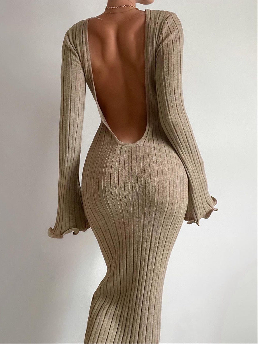 Fashion slim long-sleeved ruffled long dress, backless sexy hip-wrapped knitted maxi dress for women, perfect for parties and beach events.

