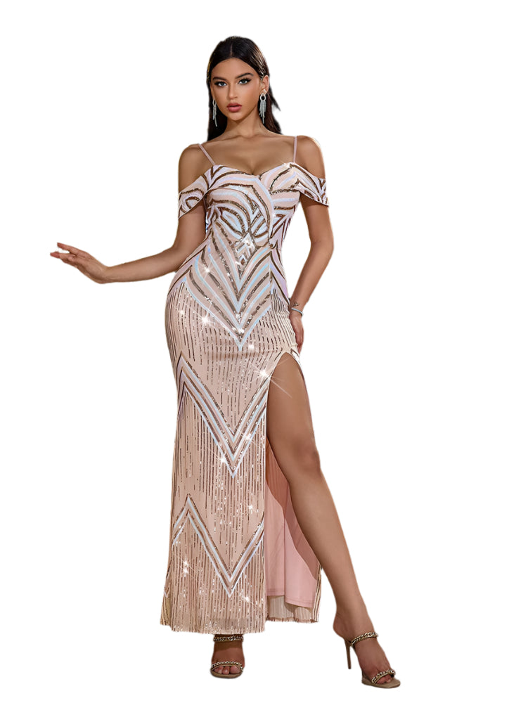 “Camille Sequined Slim Off-The-Shoulder Maxi Dress – women’s elegant maxi dress with shimmering sequins and a flattering off-the-shoulder design, perfect for formal events and special occasions – Hot Deal Warehouse fashion”


