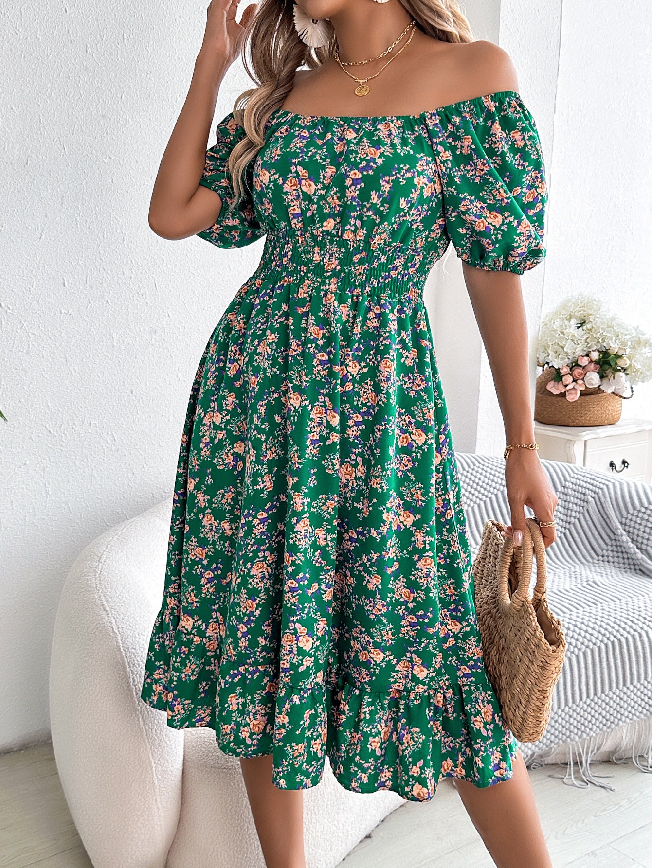 Women's floral print square collar dress with ruffle details, perfect for summer fashion and casual outings.

