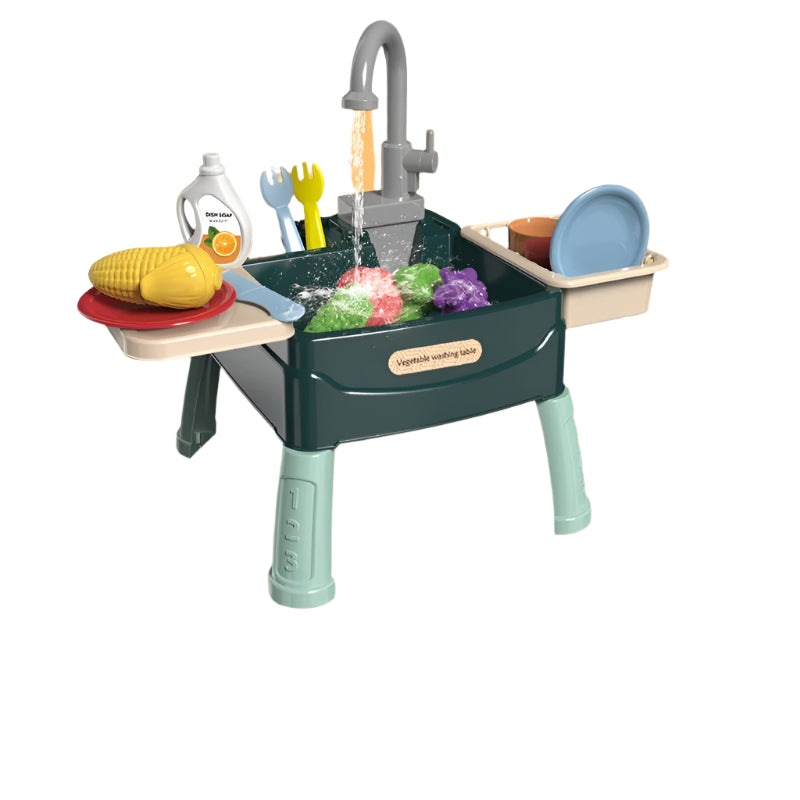 Children's dishwasher toy with automatic water outlet and play dishes in a kitchen play set.








