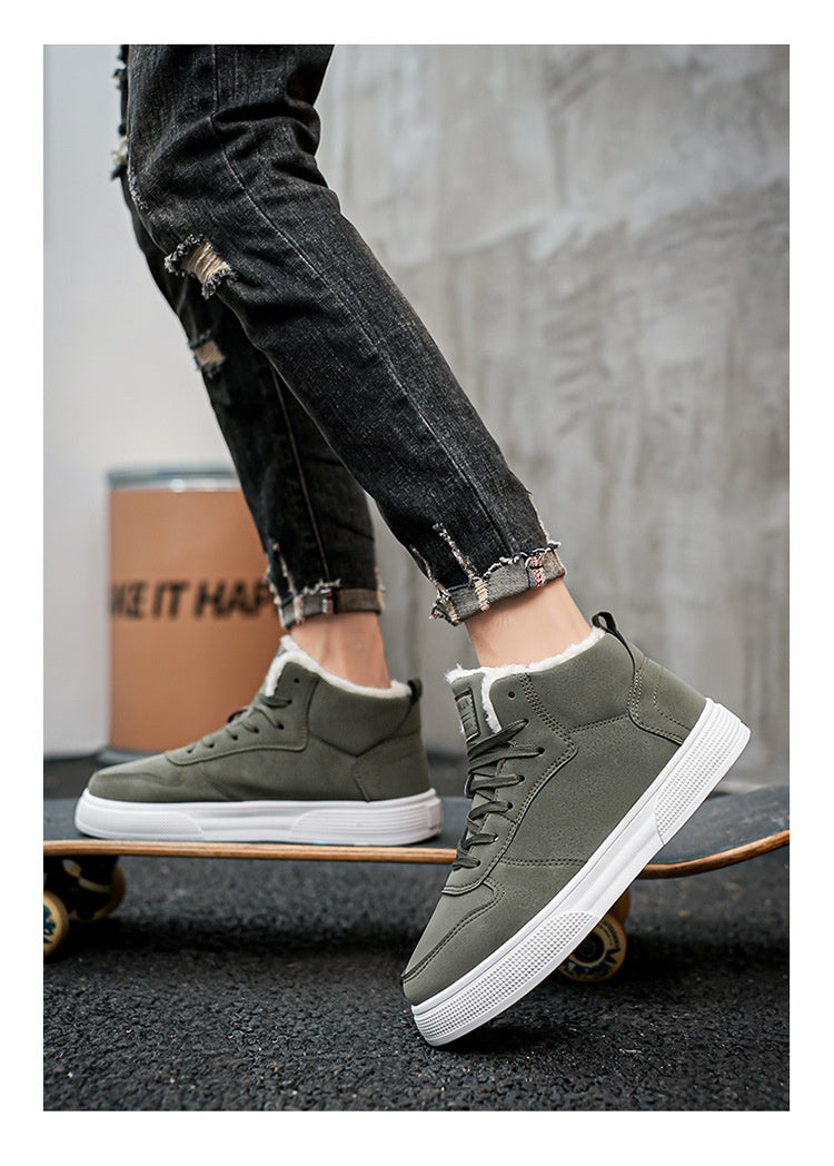 Plus size men’s high-top winter fleece-lined casual sports cotton shoes in neutral tones.

