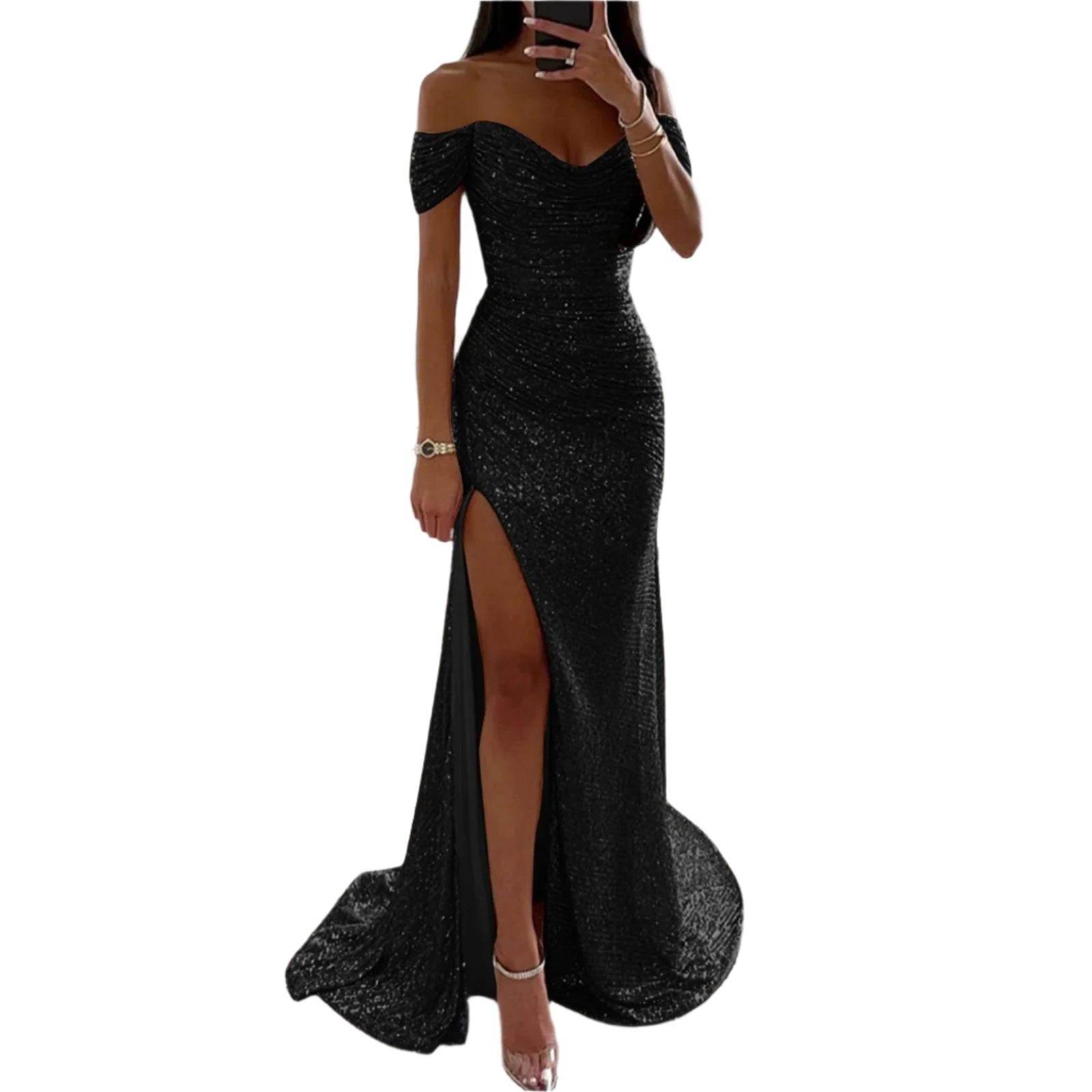 “Adeline Sparkling Slit Dress in black – women’s elegant evening dress with shimmering fabric and side slit, perfect for special occasions – Hot Deal Warehouse fashion”











