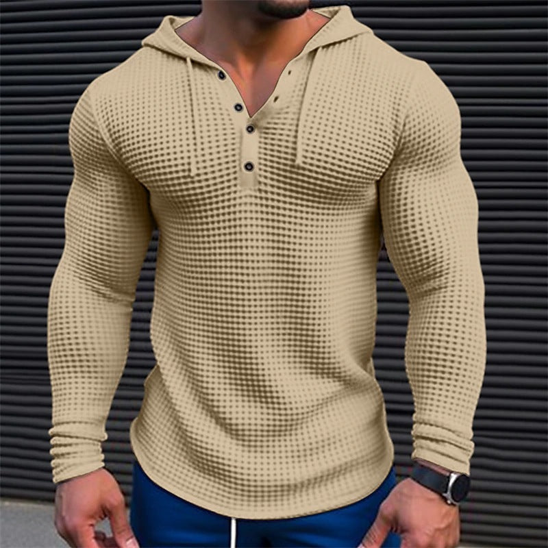 Men’s casual waffle knit long sleeve pullover, slim fit solid color T-shirt for streetwear and layering.
