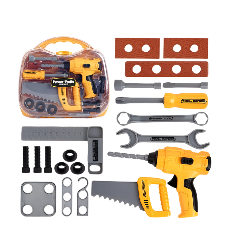Children’s playhouse toolbox toy set with electric drill and tools, perfect for pretend play and role-playing activities.








