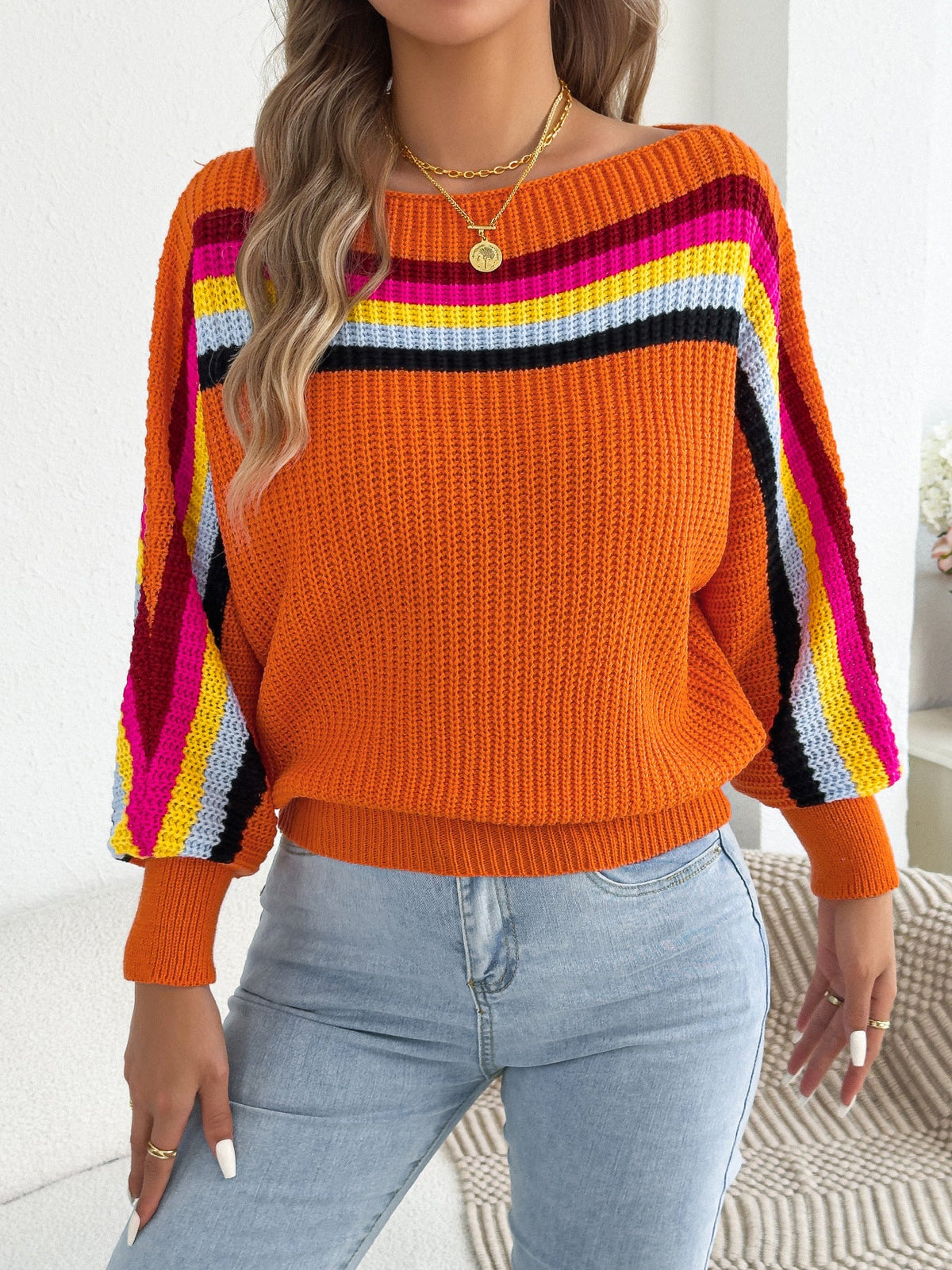 Rainbow Striped Offshoulder Sweater Hot Deal Warehouse