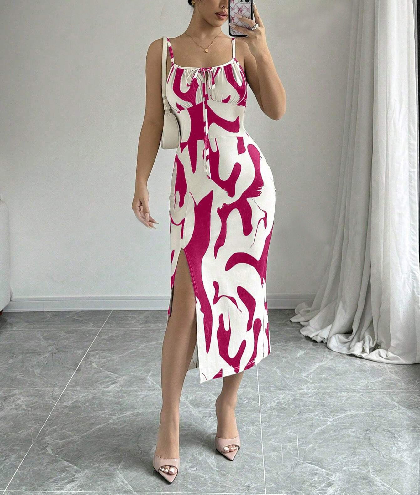 Women's summer printed suspender split dress with lace-up back and slim fit design.

