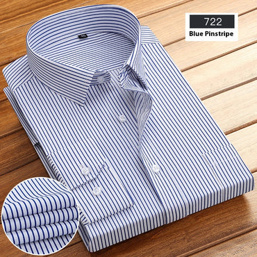 New Business Striped Long-Sleeved Shirt for Men, designed for spring and autumn with a stylish stripe pattern and comfortable fit. Perfect for both casual and semi-formal looks.