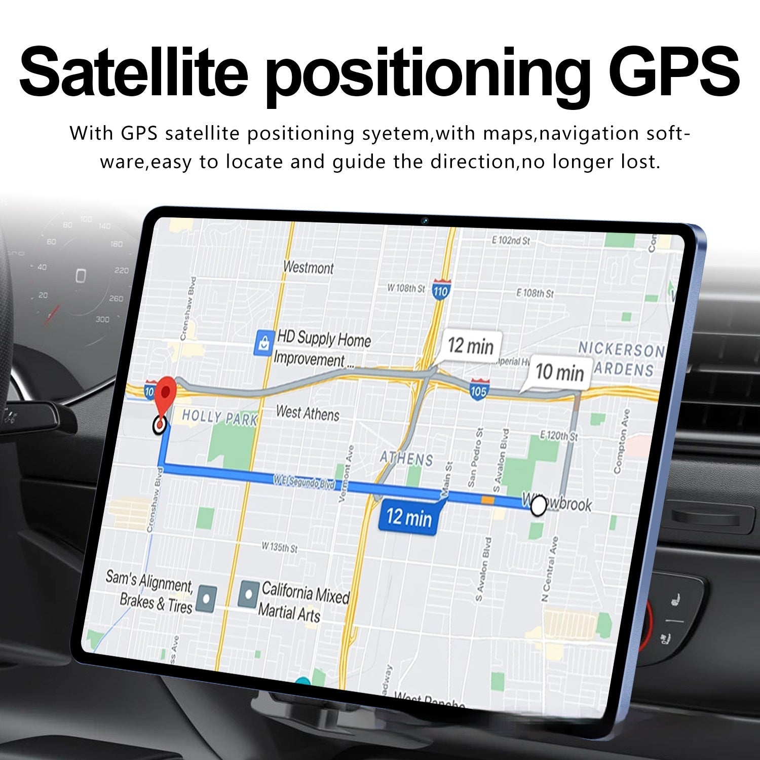 GPS device displaying a map with navigation information on a car dashboard.