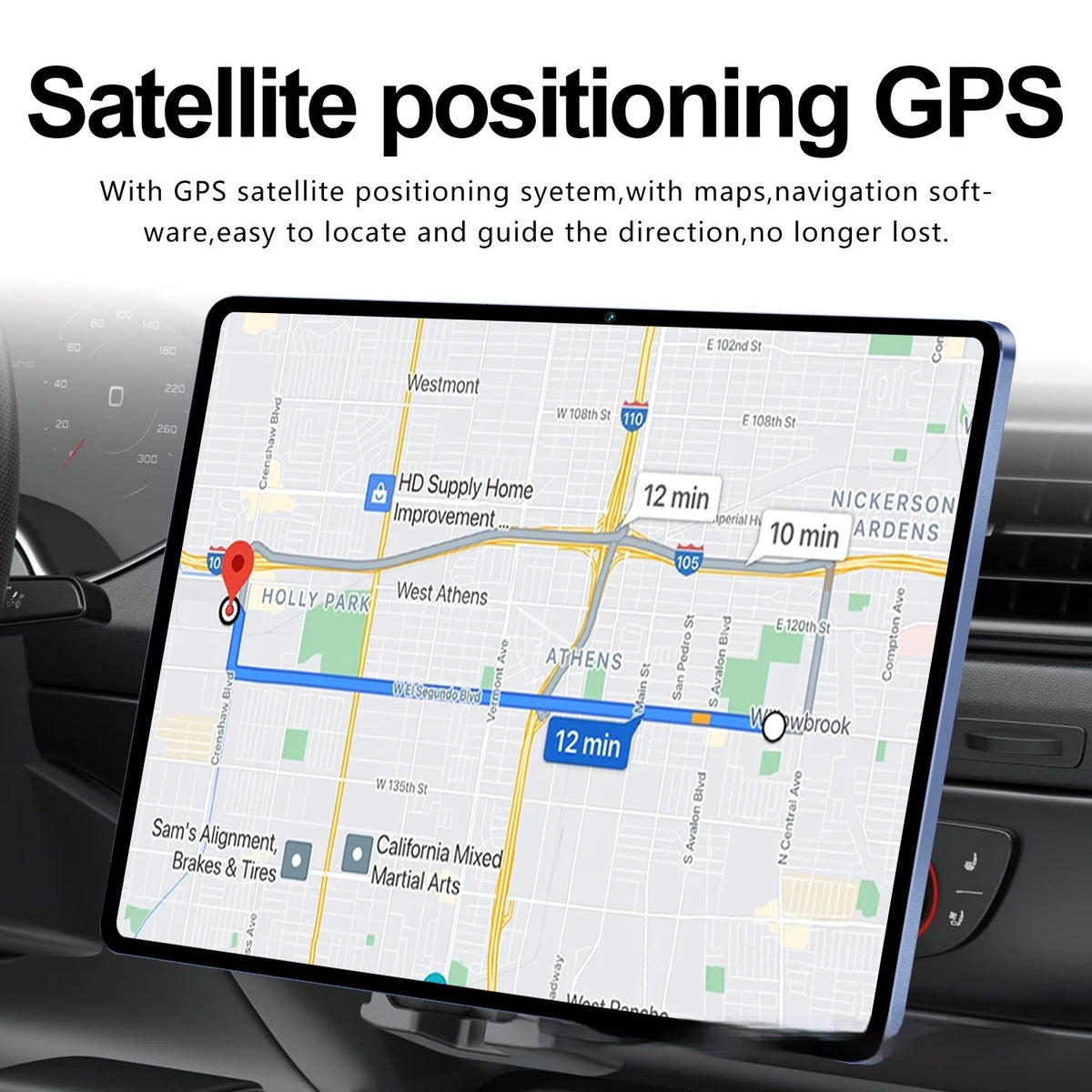 GPS device displaying a map with navigation information on a car dashboard.