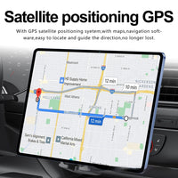 GPS device displaying a map with navigation information on a car dashboard.