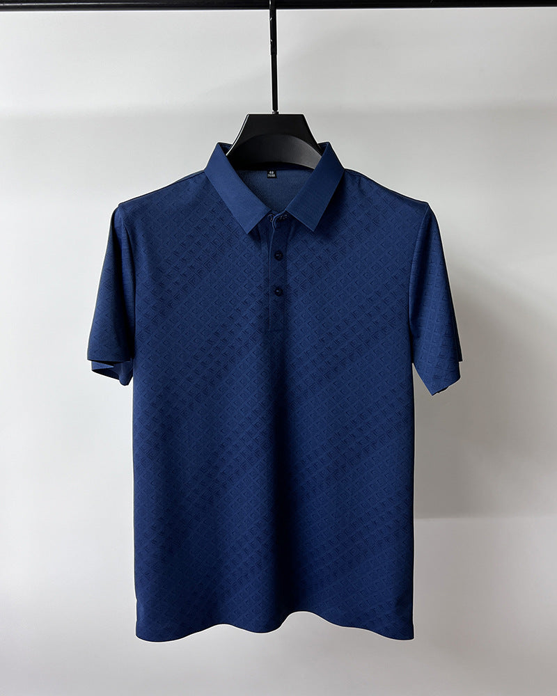 High-end Elegant Ice Silk Short Sleeve Polo Shirt, men's lapel design, plaid pattern, summer comfort.