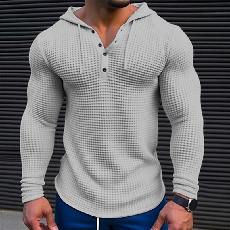 Men’s casual waffle knit long sleeve pullover, slim fit solid color T-shirt for streetwear and layering.