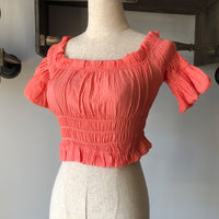 Women's off-shoulder swimsuit top, beach bikini with slubbed fabric, breathable and stylish vacation swimwear.









