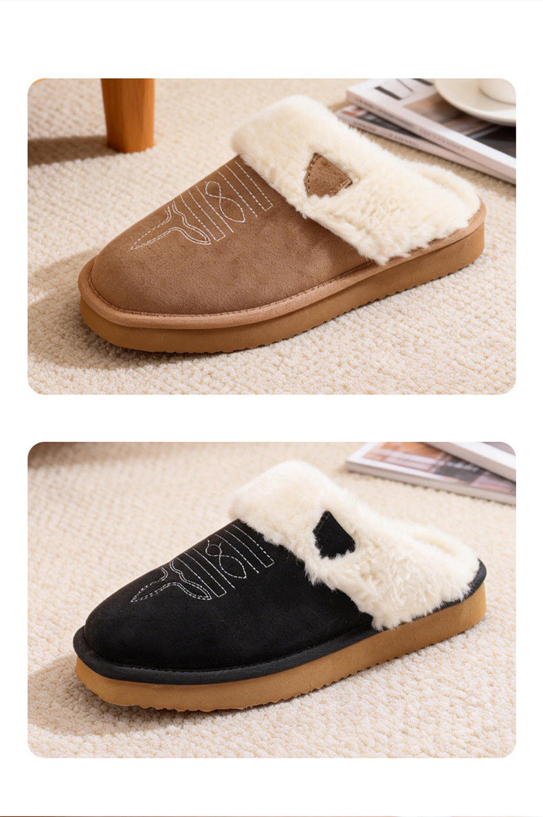 Two slip-on mule slippers shown in a two-panel collage: one in brown suede with white faux fur trim and a tan sole, and one in black suede with white faux fur trim and a tan sole, both placed on a beige carpet with a magazine in the background.