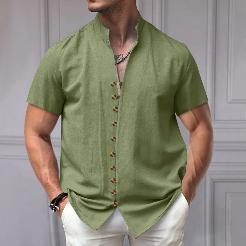 Linen Button Stand Collar Short Sleeve Shirt – Lightweight, breathable linen shirt with a stand collar and button-down front, ideal for summer wear.