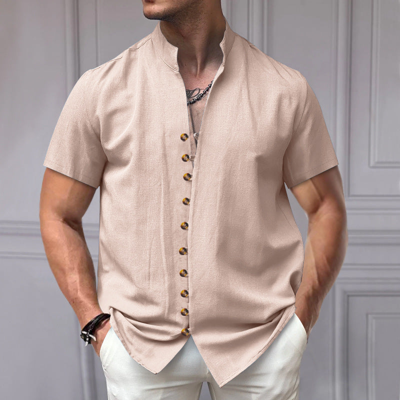 Linen Button Stand Collar Short Sleeve Shirt – Lightweight, breathable linen shirt with a stand collar and button-down front, ideal for summer wear.