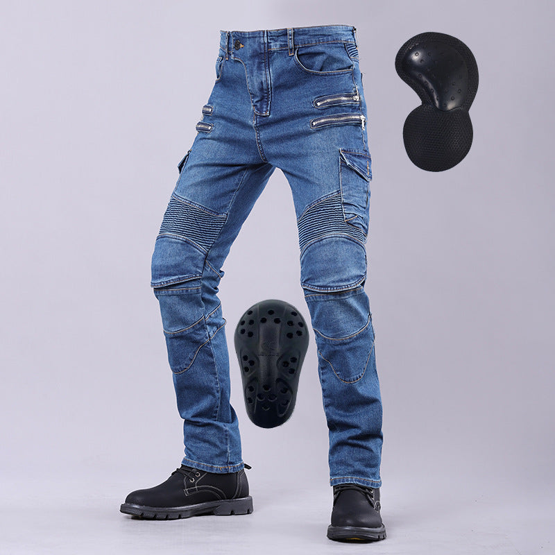 Men’s motorcycle riding jeans with reinforced knee and hip protection, durable denim, and a stylish biker design.