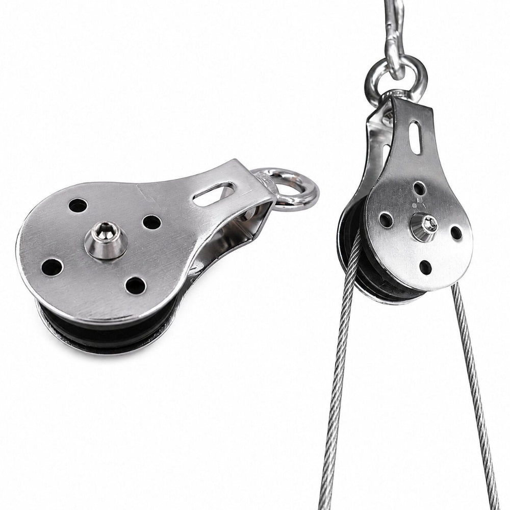 Two stainless steel pulley blocks with black rope sheaths and steel cable, shown on a clean white background.