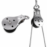 Two stainless steel pulley blocks with black rope sheaths and steel cable, shown on a clean white background.
