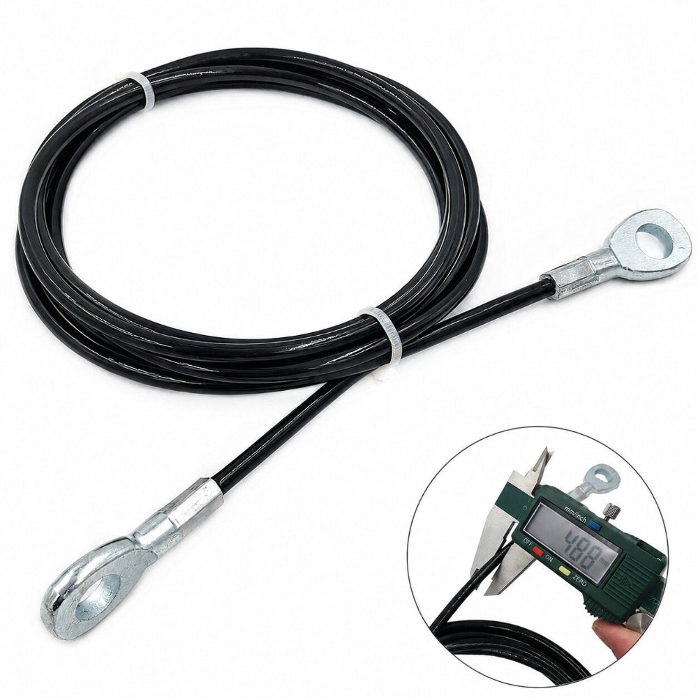 A coiled black cable with metal ring terminals on both ends, shown on a white background with a circular inset demonstrating a digital caliper measurement of one terminal.