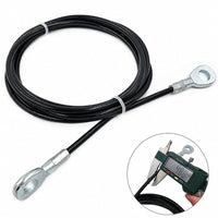 A coiled black cable with metal ring terminals on both ends, shown on a white background with a circular inset demonstrating a digital caliper measurement of one terminal.