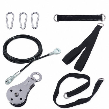 A pulley system kit with a black cable, a silver metal pulley block, three silver carabiners, and several black webbing straps with metal rings, arranged on a plain white background.