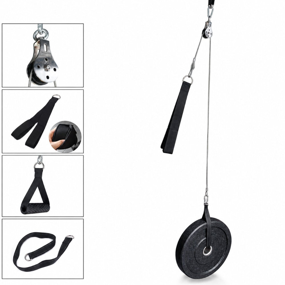 A cable pulley weight resistance exercise machine with a black strap, silver metal cable and pulley system, and a black weight plate. The main image shows the full assembly, while the left side features four inset images demonstrating different angles and close-ups of the product.